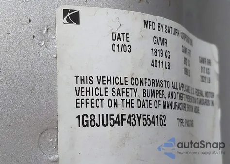 2003 Saturn L-Series L200 from USA, damaged, VIN 1G8JU54F43Y554162